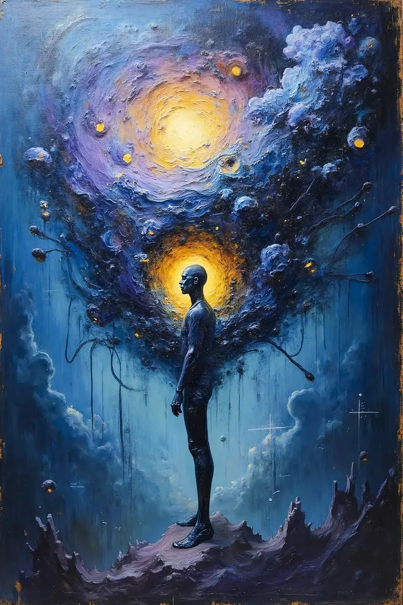A surreal cosmic figure stands on rugged terrain surrounded by ethereal clouds and glowing celestial lights in a mystical blue and yellow landscape.
