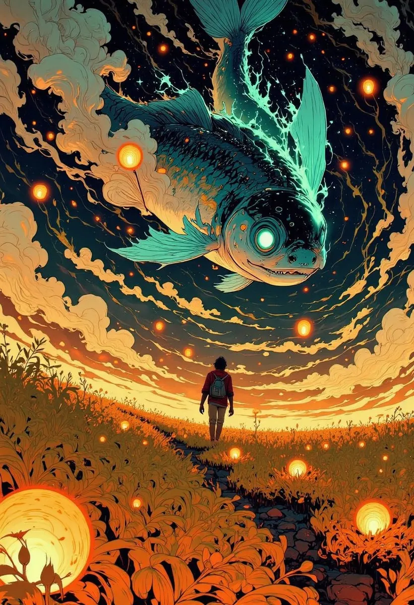 A surreal dreamscape featuring a barefoot wanderer walking through a glowing field of golden grass beneath a colossal celestial fish with glowing eyes and stardust fins, surrounded by floating lanterns against a swirling night sky.