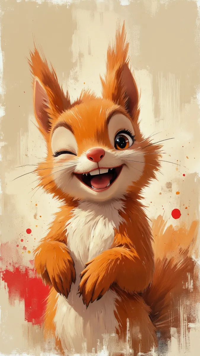A whimsical anthropomorphized squirrel with warm orange fur and a creamy white chest winking playfully against a beige and cream textured background with red and brown paint splashes.