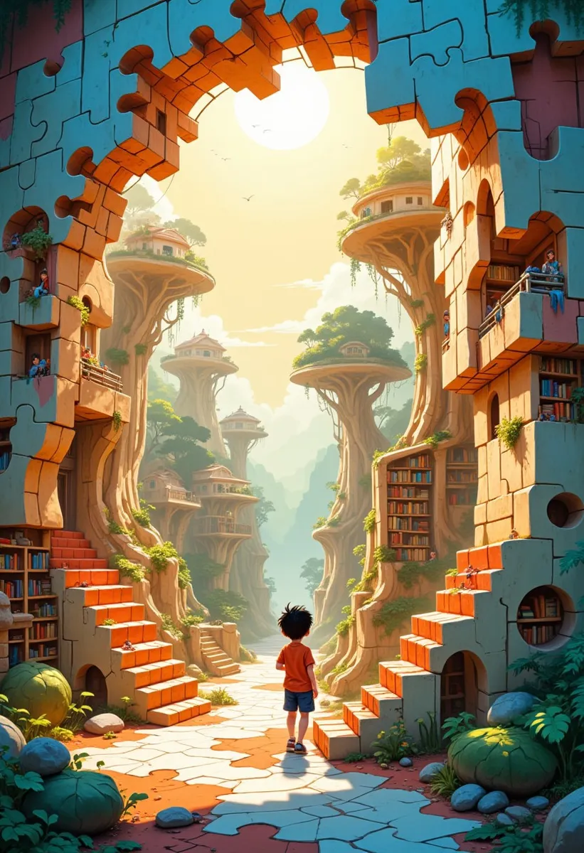 A whimsical anime-style landscape of a boy looking into a puzzle piece world with floating tree houses, bookshelves, and surreal staircases, lit by warm sunlight.