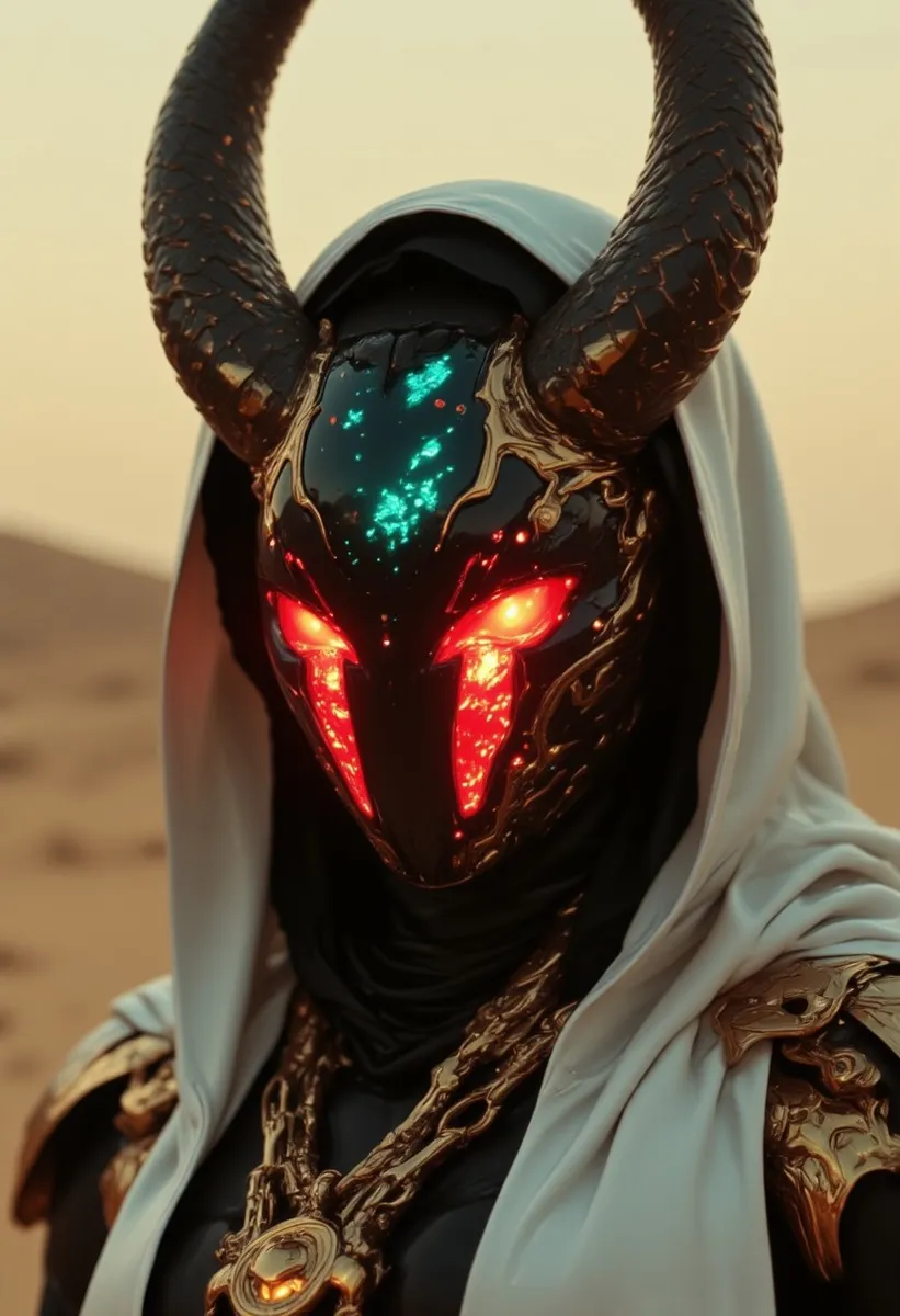Close-up portrait of a horned sci-fi warrior wearing a crystalline holographic mask with glowing red eyes, white hood, and gold cybernetic armor in a desert setting.