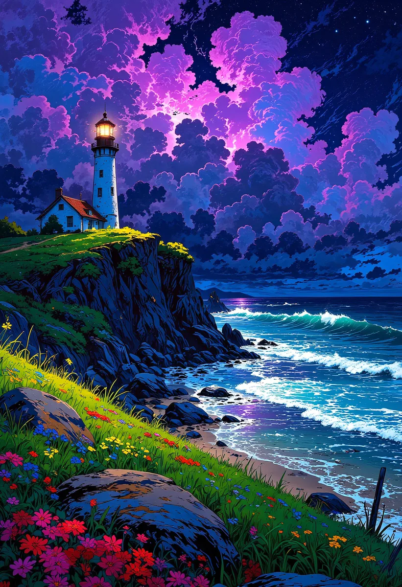 Lighthouse standing on a cliff with colorful flowers and lush grass, illuminated by lightning under dark purple storm clouds over roaring ocean waves.