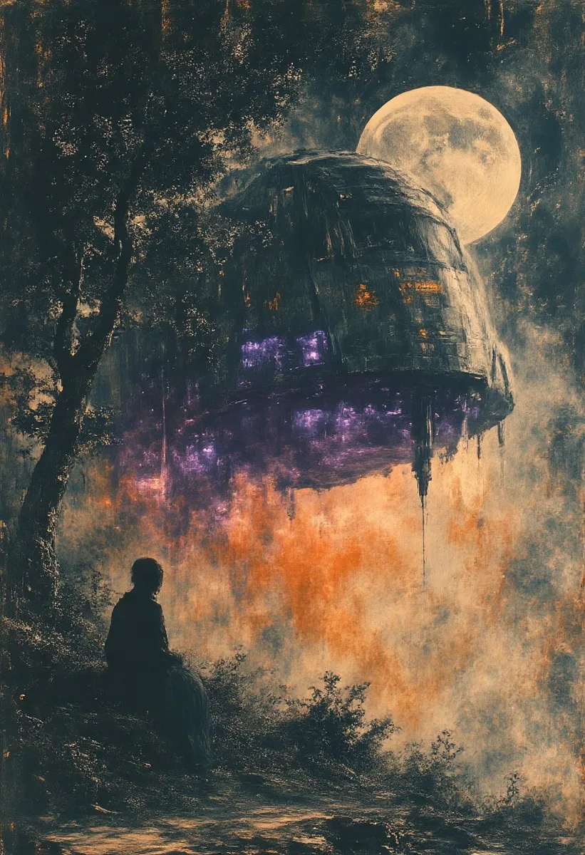 A hyper-realistic digital artwork depicting a silhouette of an alien figure sitting beneath trees, with an enormous alien spaceship hovering under a bright full moon, illuminated by glowing purple and orange atmospheric lights.