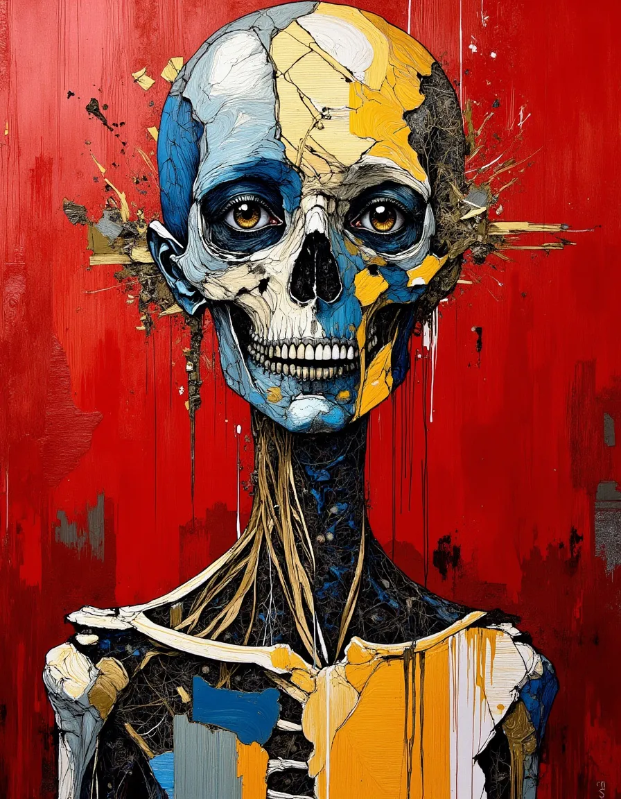 A surreal digital painting of a humanoid skeleton with a fragmented mosaic skull painted in blue, yellow, and white, set against a deep red background, featuring large detailed eyes and glitch-like abstract textures.