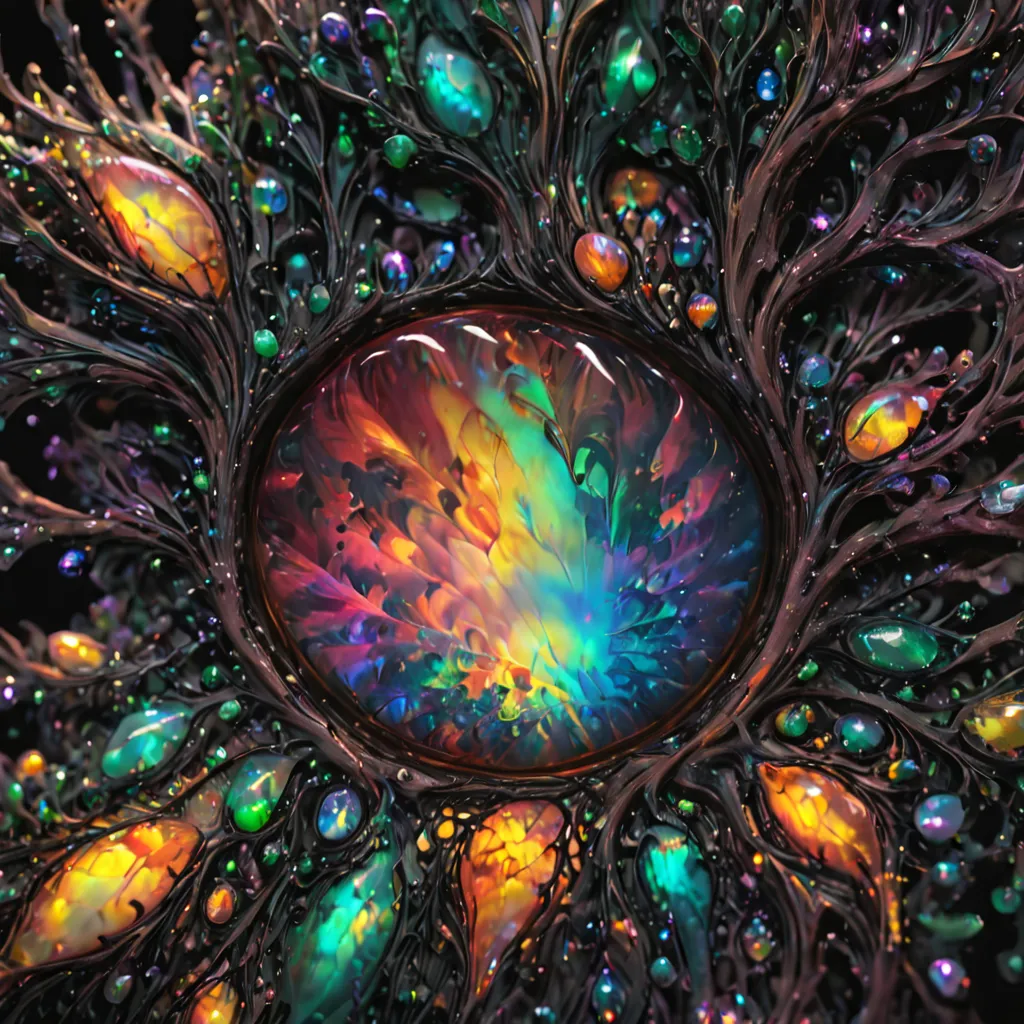 Rendering 3D dettagliato di una gemma di opale iridescente circondata da elementi frattali poligonali interconnessi con colori vibranti.