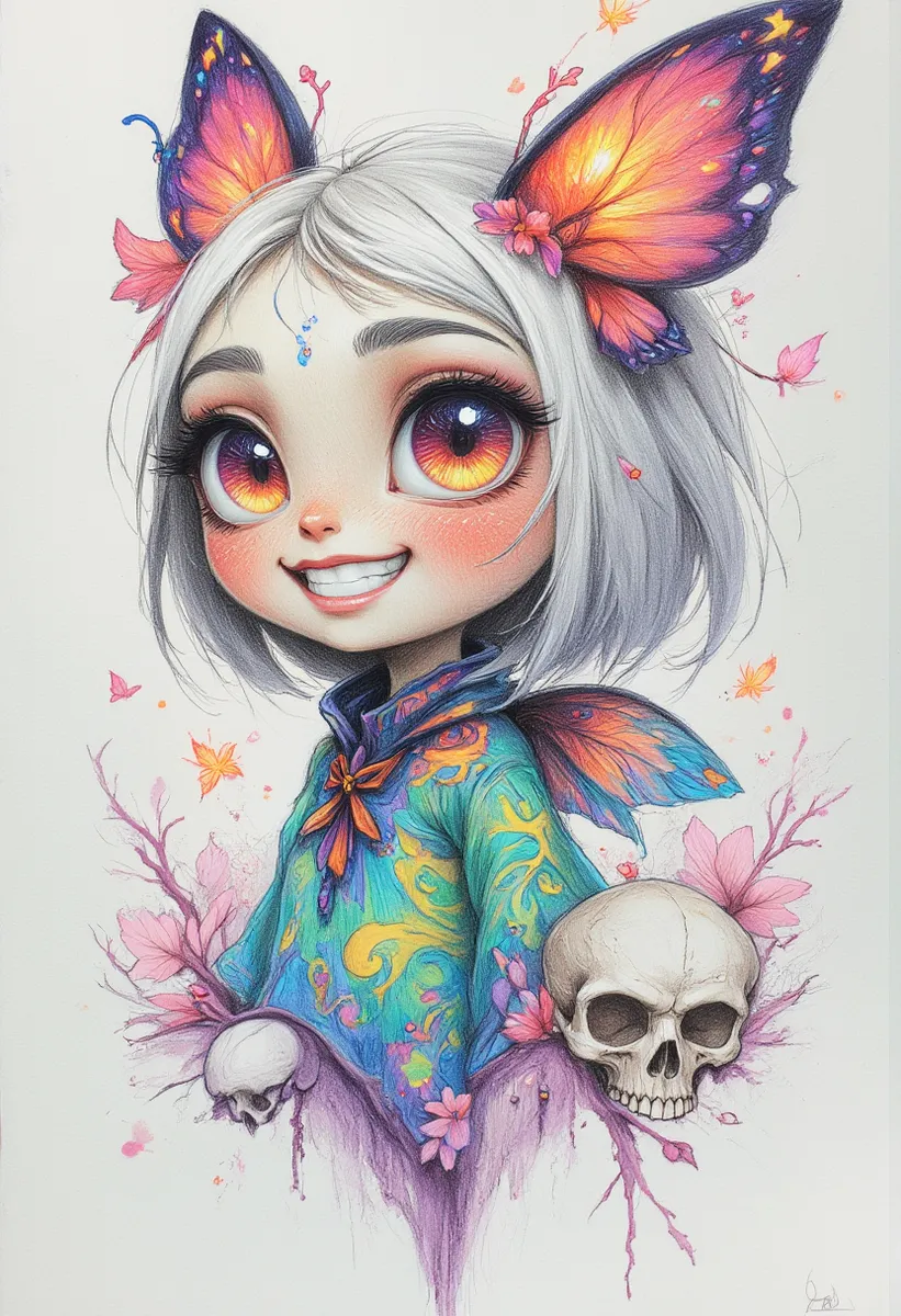 Disegno a matita colorata di una piccola fata con grandi occhi scintillanti e vorticosi, ali di farfalla in colori neon, che sorride con teschi e fiori intorno a lei.