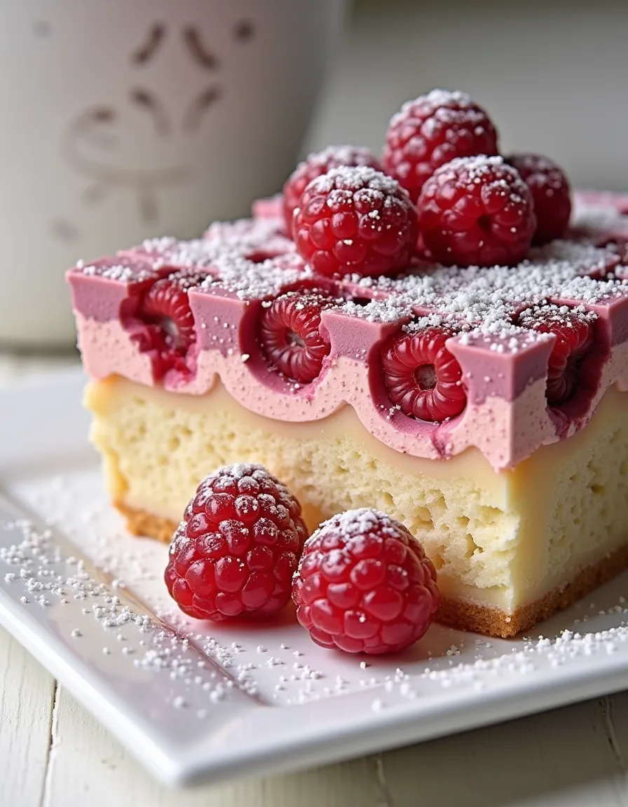 Close-up of a raspberry cake slice topped with fresh raspberries and powdered sugar on a white plate