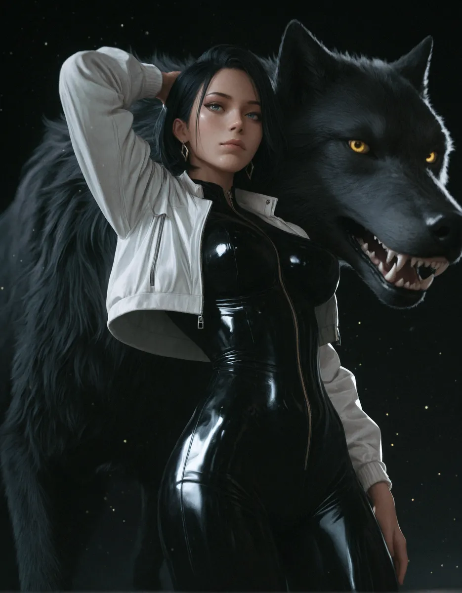 Woman in Black Bodysuit with Black Wolf - AI Image Gallery | Diffus