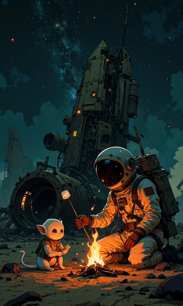 An astronaut roasting a marshmallow by a small campfire beside a glowing alien creature, with a crashed spaceship wreckage and starry night sky in the background.