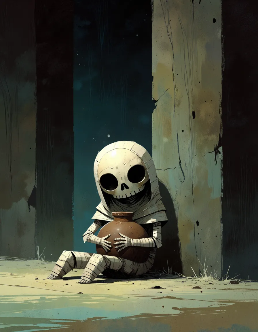 Digital painting of a small mummy wrapped in worn bandages, sitting in a dimly lit ancient temple ruin holding a clay jug, with crumbling stone columns and a ghostly glow behind.