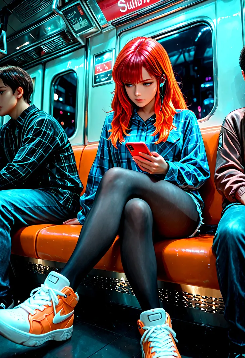 A cyberpunk style young woman with vibrant red hair sits in a subway train interior wearing a blue plaid shirt, denim shorts, black pantyhose, and orange sneakers, looking down at her red smartphone with earbuds.