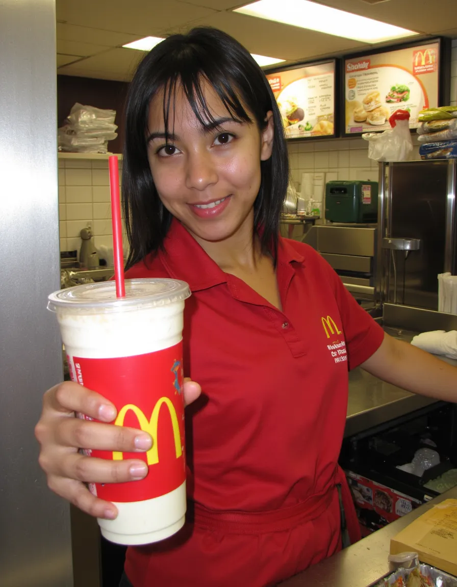 Young woman McDonald's employee in red uniform holding out a McDonald's milkshake with a red straw in a restaurant kitchen setting.