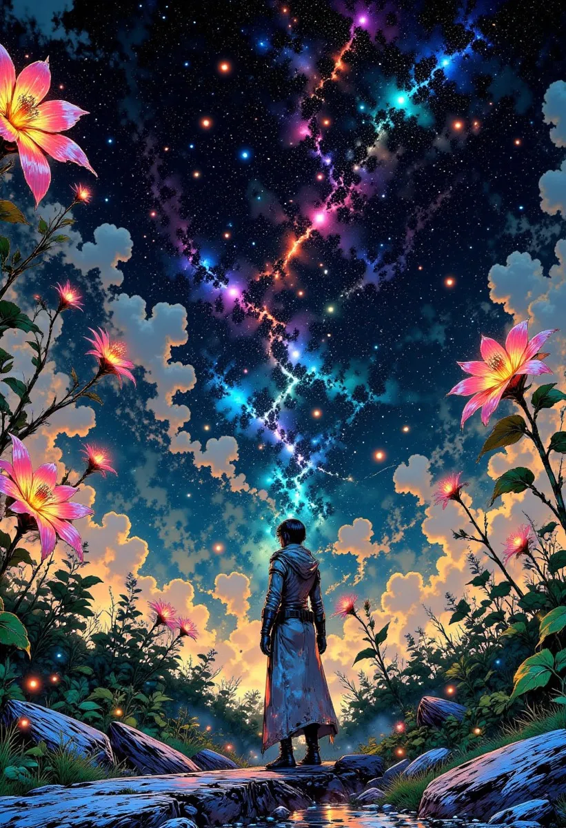 Uma pessoa está em um jardim celestial luminoso cercado por flores rosas gigantes sob um céu estrelado vibrante com nuvens cósmicas brilhantes e cores.