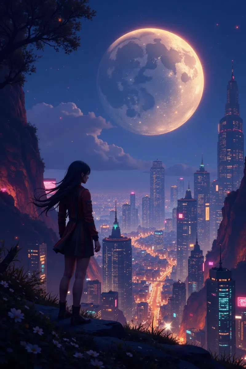 Um cenário urbano cyberpunk à noite iluminado por luzes brilhantes da cidade e uma grande lua luminosa, com uma mulher em um penhasco observando o horizonte futurista.