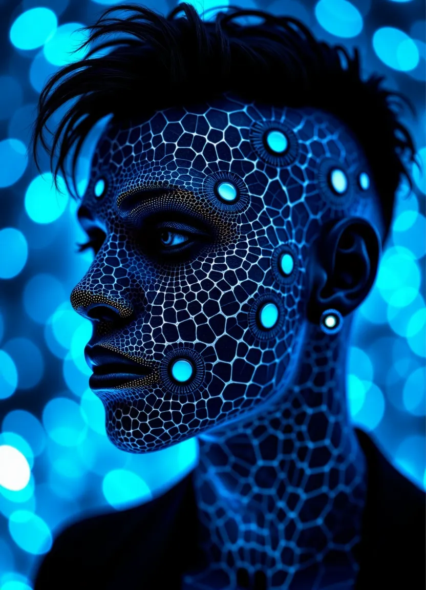 Hyperrealistic image of a man's head covered in a neon spider web pattern with trypophobia hole details and multiple piercing earrings, set against a blue bokeh background.