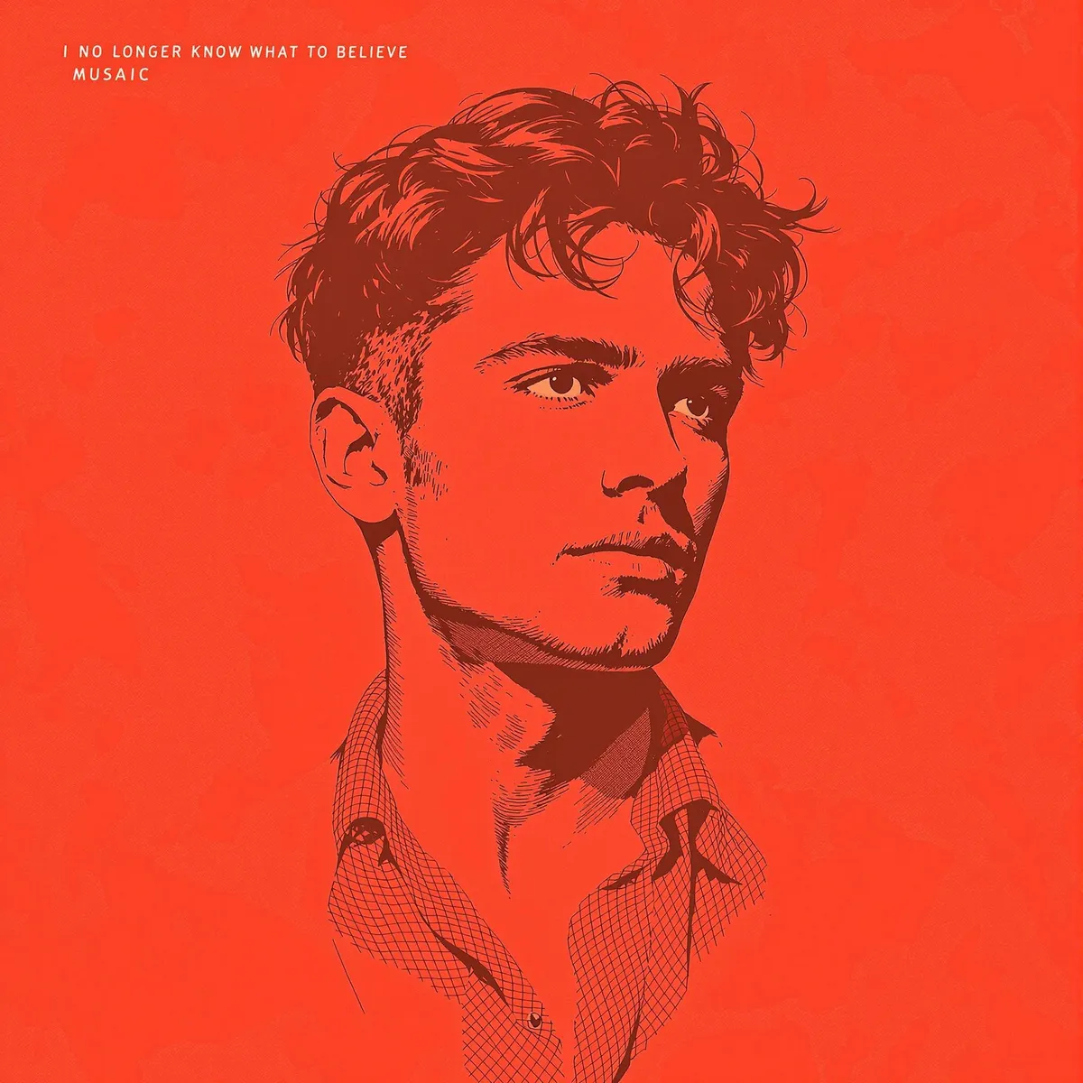Detailed red-toned illustration of a young man with curly hair wearing a checkered shirt, with the album title 'I No Longer Know What To Believe' and artist name MUSAIC on a red background.