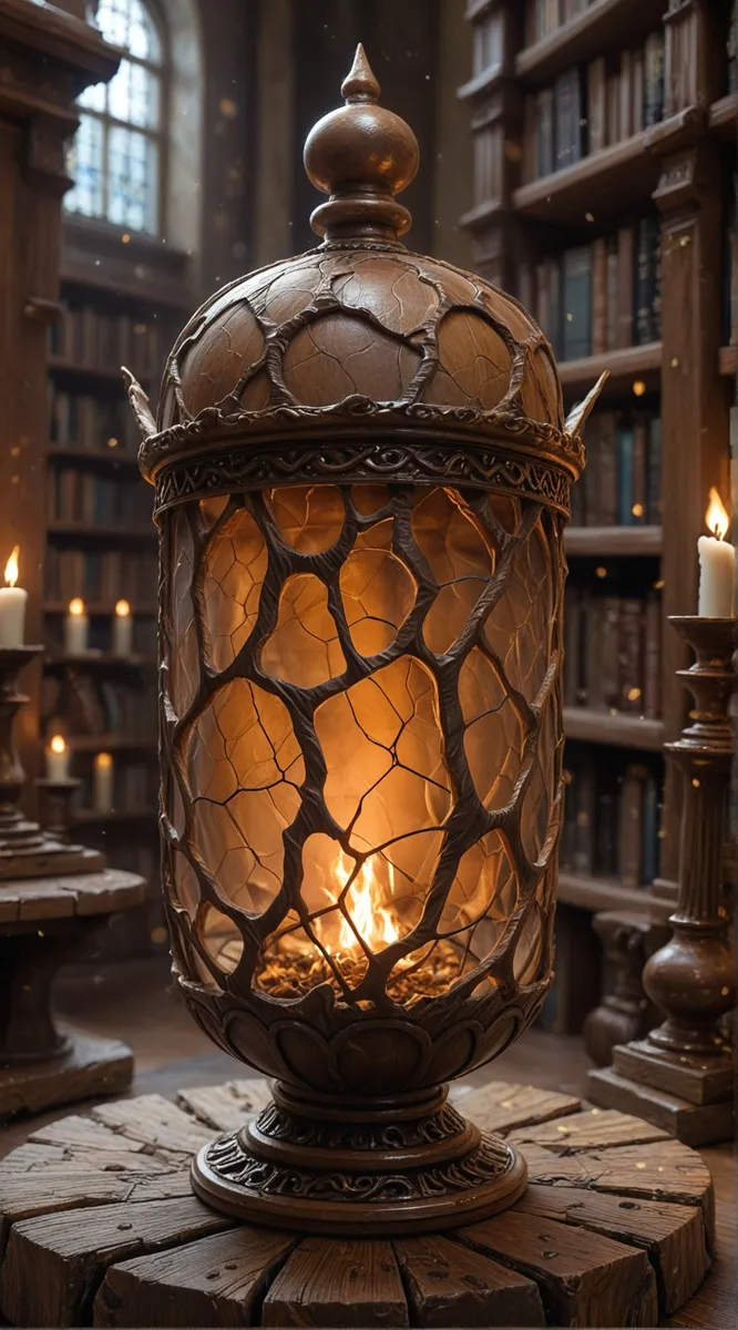 Cracked Glass Urn on Wooden Table in Library - AI Image Gallery | Diffus