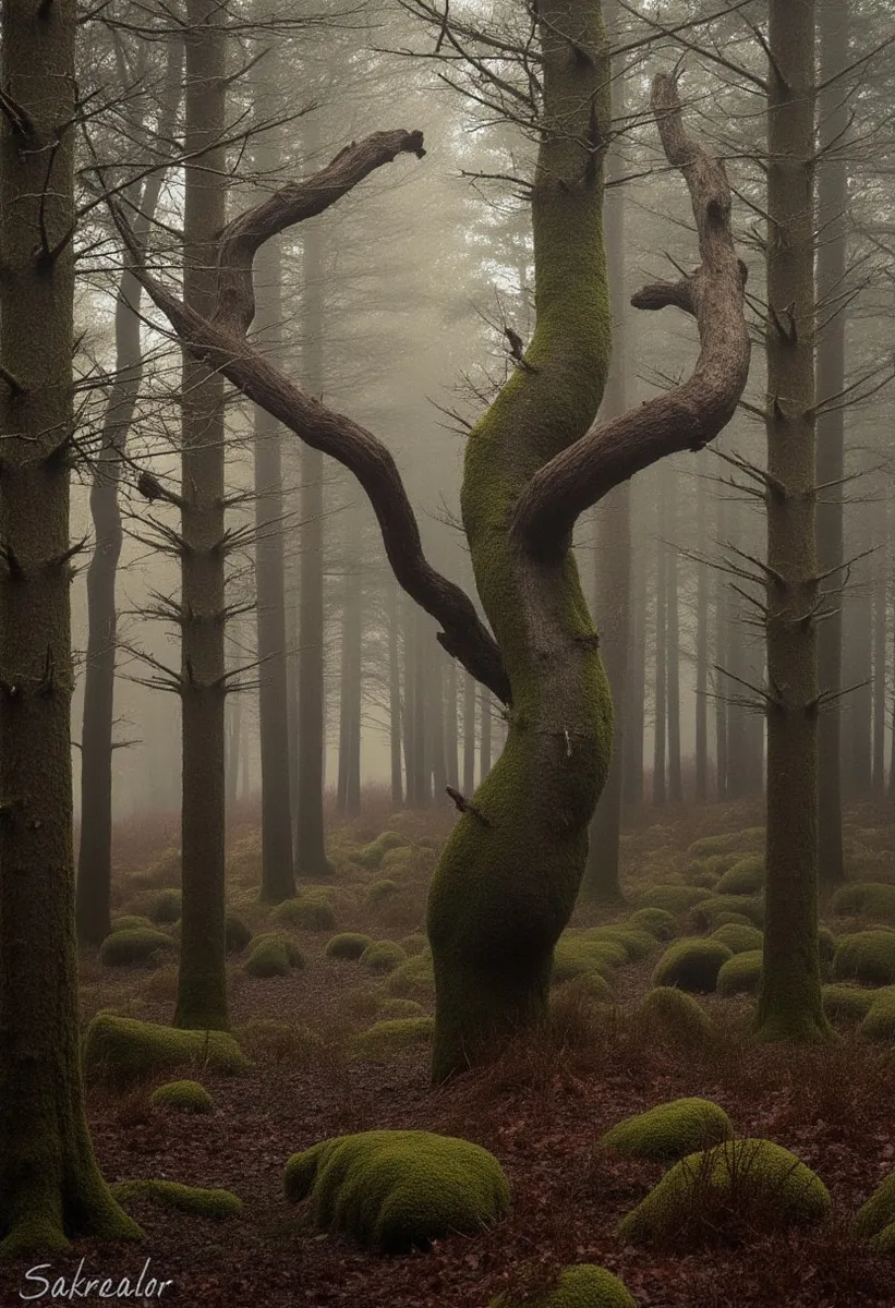 A foggy, mystical forest featuring a prominent twisted tree covered in moss surrounded by mossy ground and tall ancient trees.