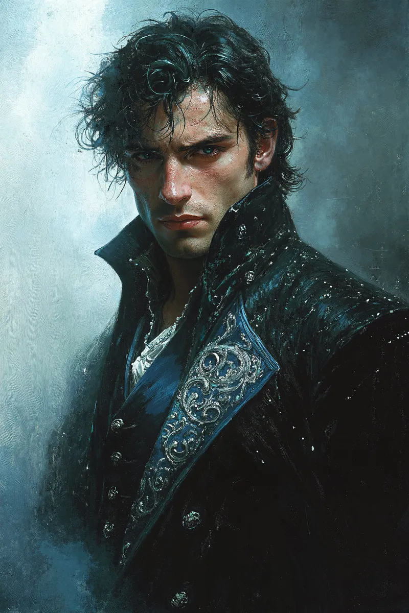 Half-body portrait of a man with tousled dark hair and sharp silver eyes, wearing a high-collared black coat with silver embroidery and a deep blue sash. Mist swirls in the moody background.