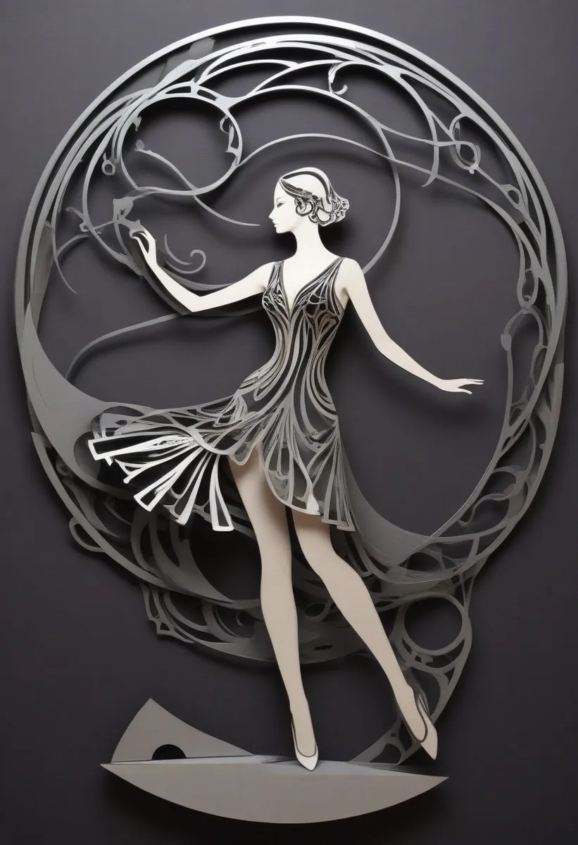 A steel art kirigami-style silhouette of a woman dancing tango, crafted with intricate paper cut patterns on iron-like material, set against a dark background.