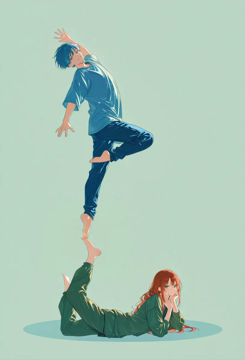 Mature male with short blue hair balancing en pointe on a mature female with long red hair lying down, both wearing baggy clothes and barefoot, against a simple light blue background.