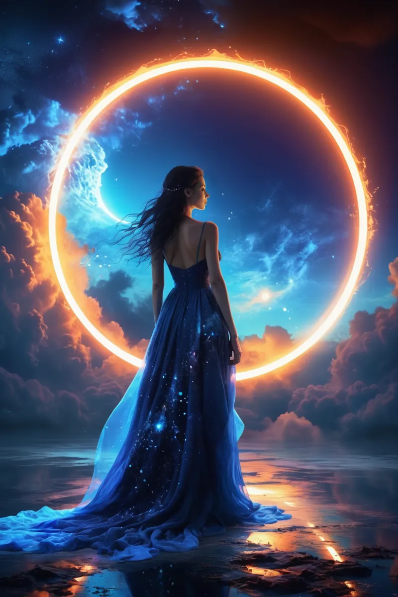 A woman in a flowing blue dress adorned with star patterns stands before a glowing neon circle under a mysterious and surreal starry night sky with clouds.