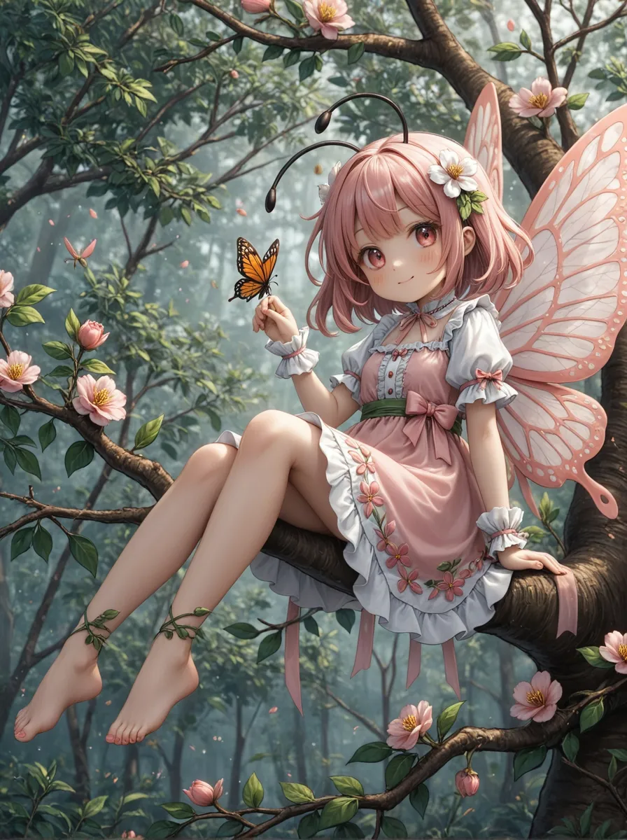 Una graziosa ragazza fata con capelli rosa e ali di farfalla siede su un ramo d'albero, tenendo una farfalla arancione in una rigogliosa foresta piena di fiori rosa e vegetazione.