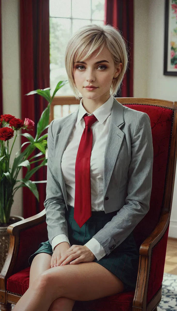 Young woman with blonde pixie haircut sitting on a red armchair wearing a school uniform with a red tie in a living room setting with plants and red curtains.