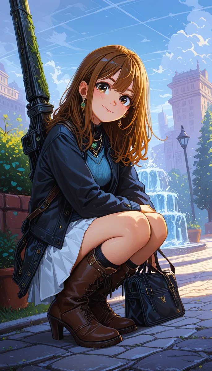 Ragazza in stile anime con capelli marroni seduta in un parco cittadino che indossa stivali marroni, giacca blu, gonna bianca e tiene una borsa nera vicino a una fontana sotto la luce del sole.