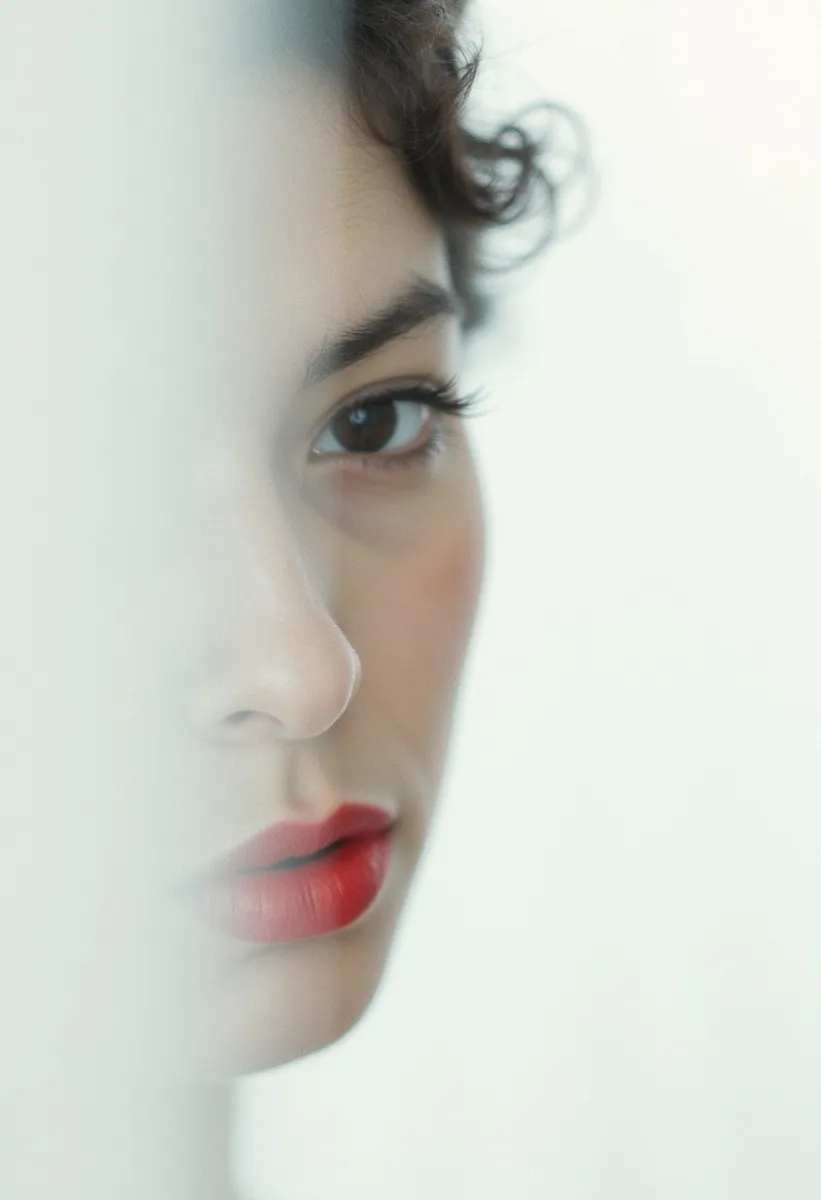 Minimalist portrait showing the left half of a shy woman's face with bright red lips against a soft, white monochromatic background, featuring a mysterious expression.