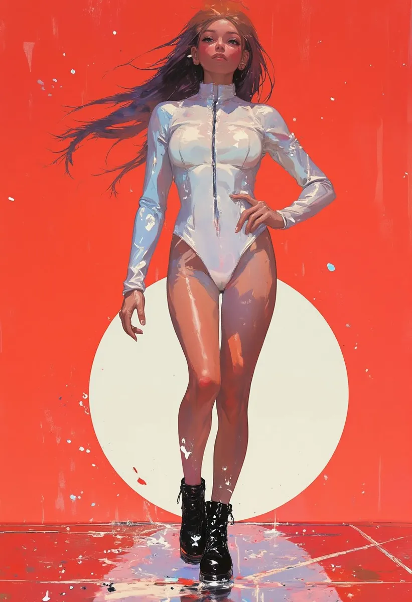 A hyperdetailed colored pencil style illustration of an athletic young woman wearing a glossy white bodysuit and black high platform boots standing confidently in front of a vibrant red background with a white sphere.