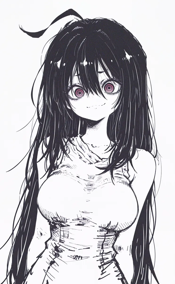 Boceto monocromático de una chica anime con cabello largo negro, ojos grandes con anillos, vestido sin mangas, hombros descubiertos y un ahoge, sonriendo con los brazos detrás de la espalda.
