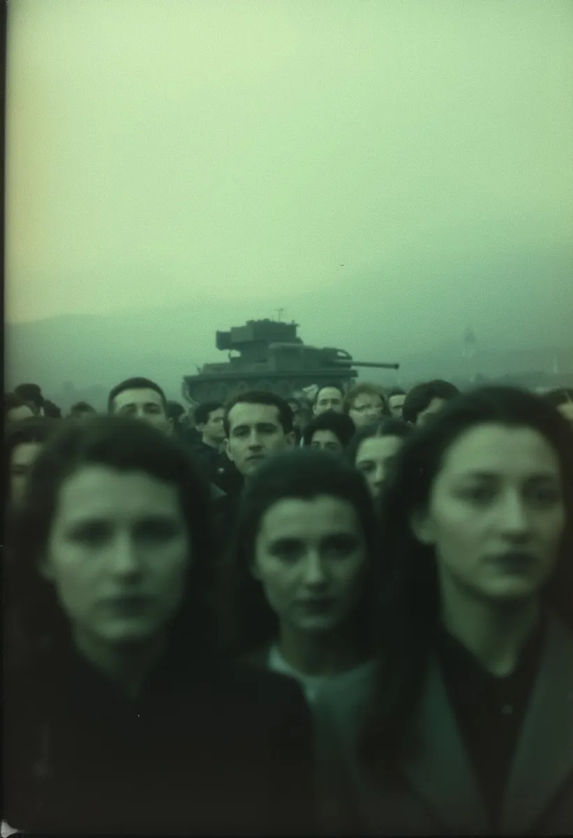Blurry crowd marching with a tank silhouette in the background under a hazy greenish sky, rendered in vintage film texture with muted tones.