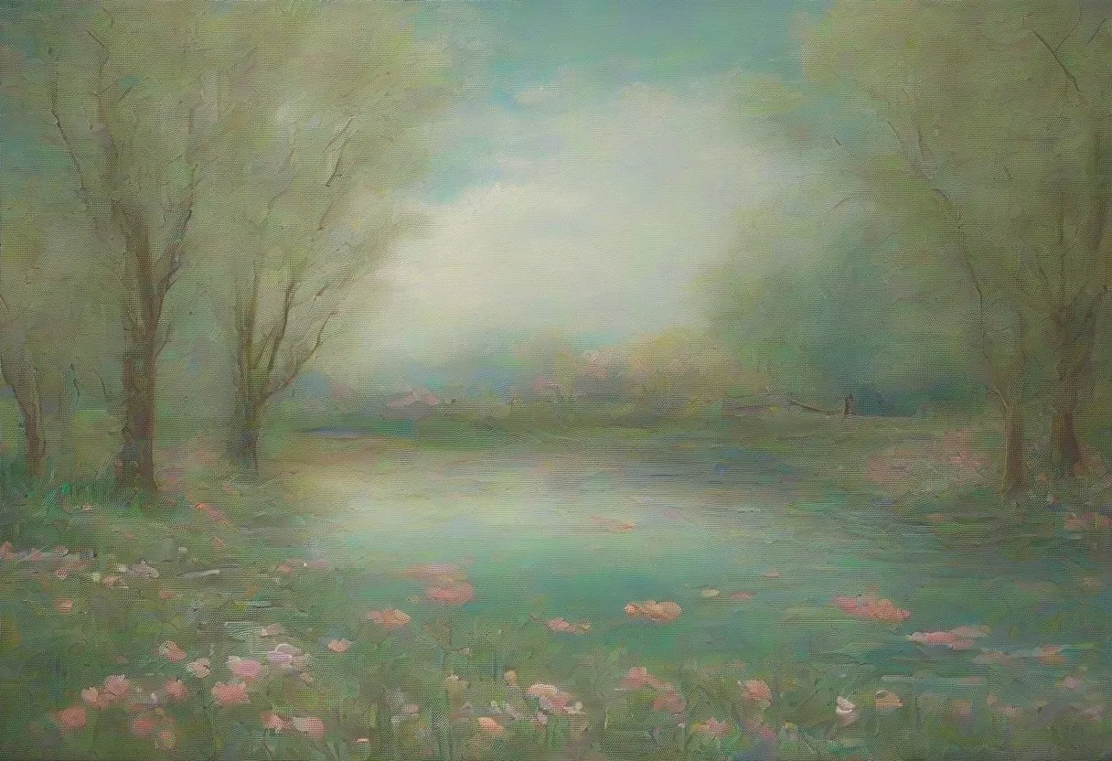 A tranquil spring scene featuring a serene pond framed by a willow tree, surrounded by wildflowers and a meadow under a pastel sky.