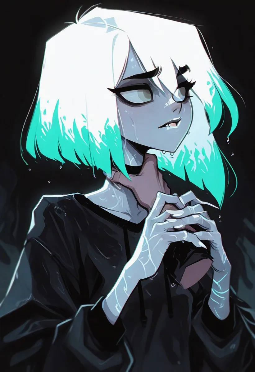 Personagem feminina estilo anime com cabelo branco desvanecendo em pontas aqua, pele pálida monocromática com gotas de água, vestindo moletom preto, contra um fundo escuro.