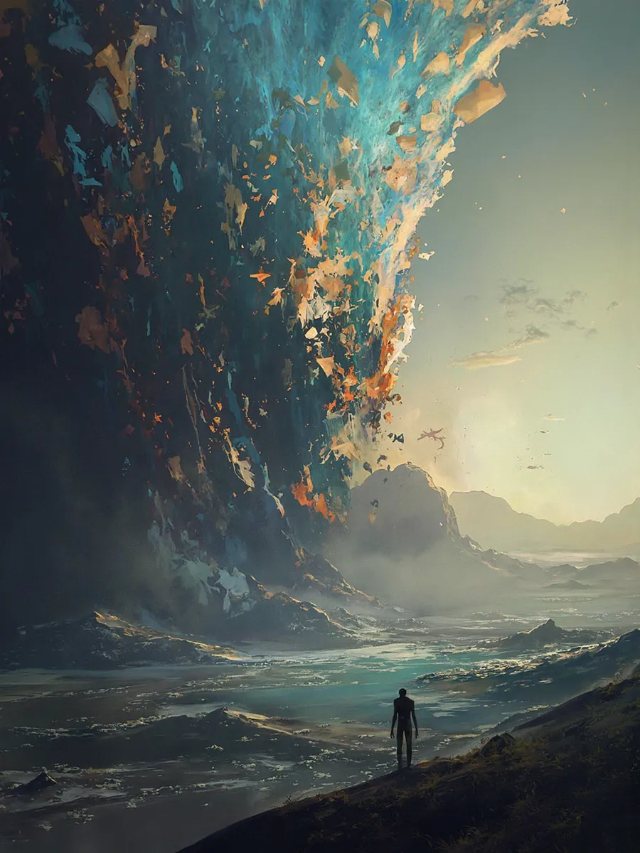 A dreamlike realm where gravitational forces warp reality with a solitary figure reflecting kaleidoscopic shadows amid impossible geometries in a sci-fi setting.