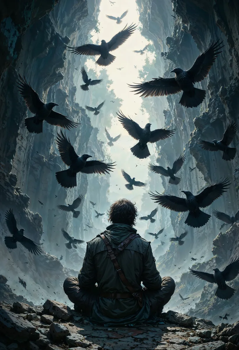 A rugged figure sits with their back to the viewer inside a dark rocky cave, surrounded by numerous crows in flight illuminated by light streaming from the cave opening above.