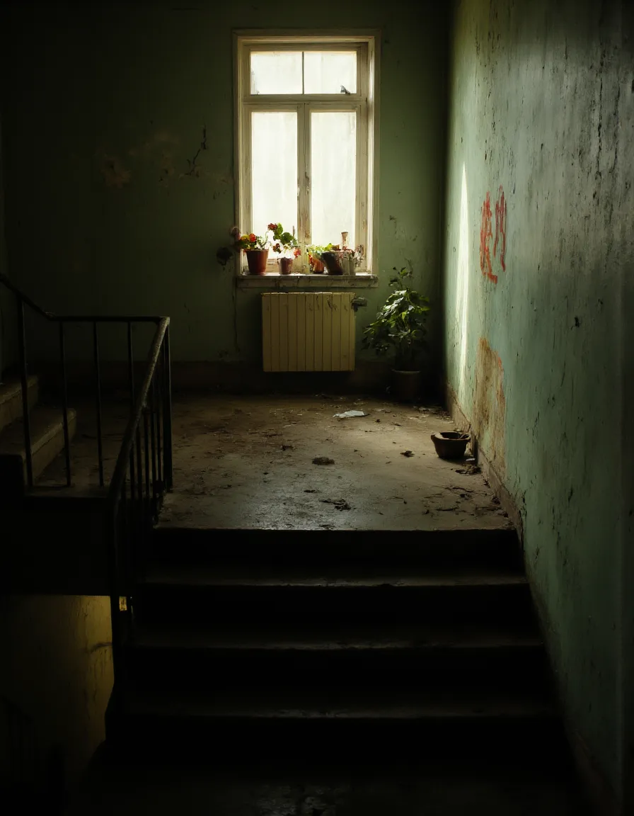 Cortile sovietico poco illuminato e fotorealistico con gradini di cemento crepati, ringhiere arrugginite, pareti verdi sbiadite, piante in vaso sul davanzale e graffiti arancioni sbiaditi sulla parete.