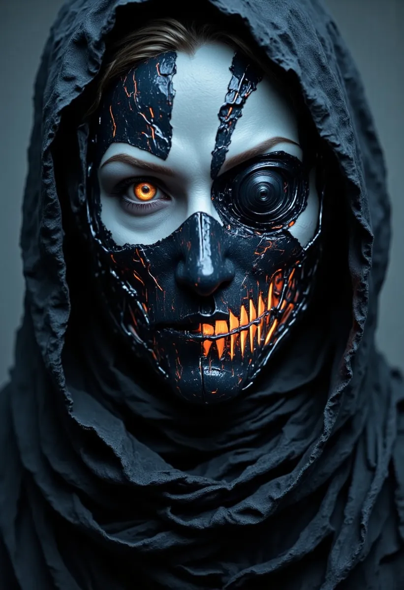 Close-up of a hooded cyborg ninja with a pale face partially covered by a dark mechanical mask featuring glowing orange light and a single mechanical eye.