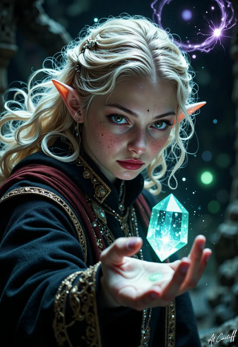 Mujer Elfa con Cristal Brillante y Ojos Esmeralda - Galería de Imágenes AI  | Diffus, image size:821x1200