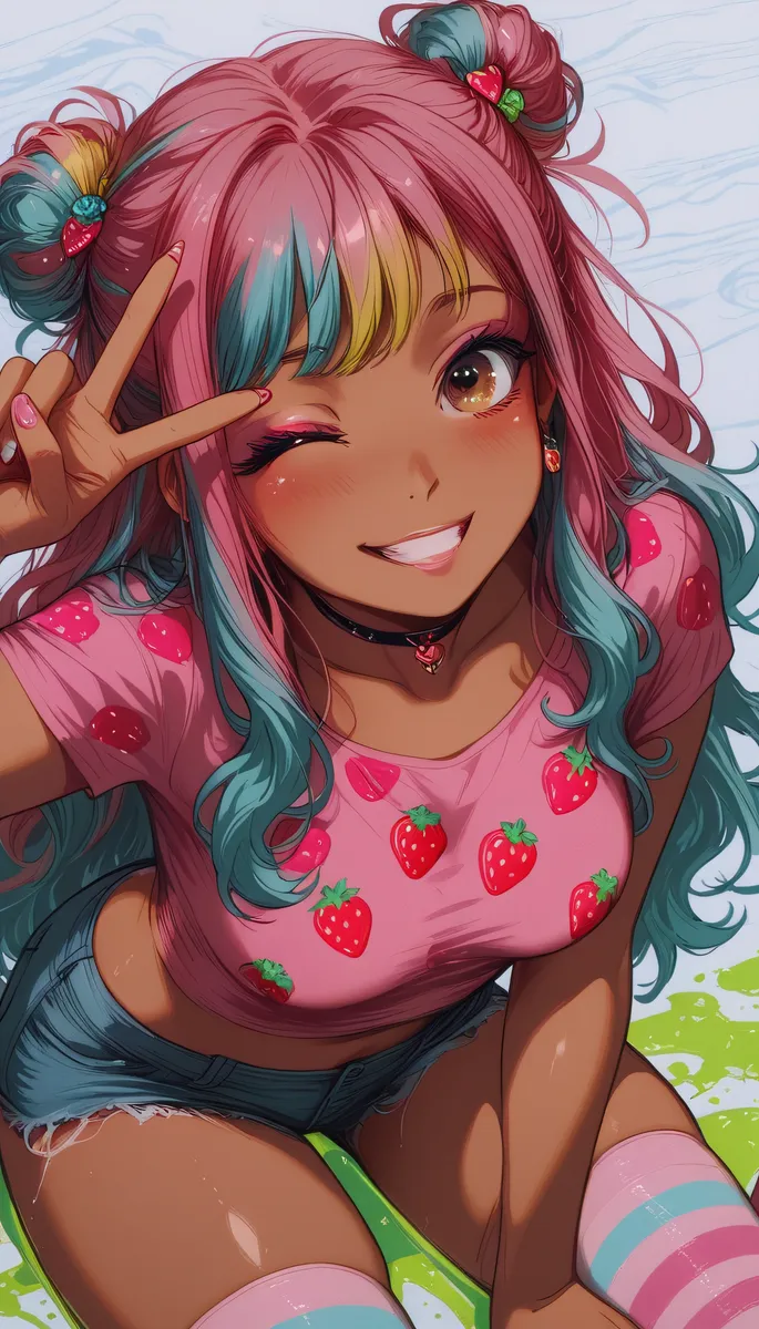 Dark-skinned anime girl with pink and blue hair styled in buns, wearing a pink strawberry print crop top and blue shorts, making a peace sign and winking.