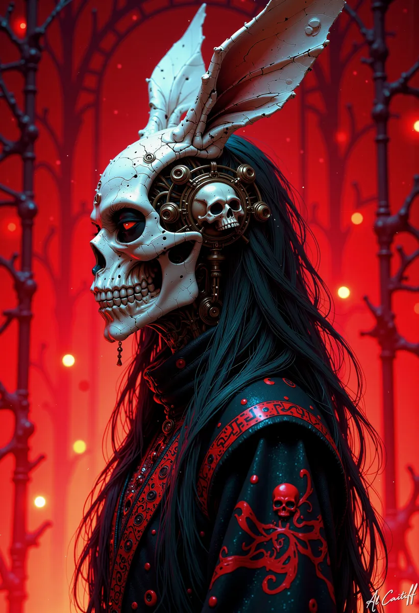 Side profile of a person with long black hair wearing a white skull mask with rabbit ears and mechanical elements, dressed in black with red patterns, set against a vibrant red background.