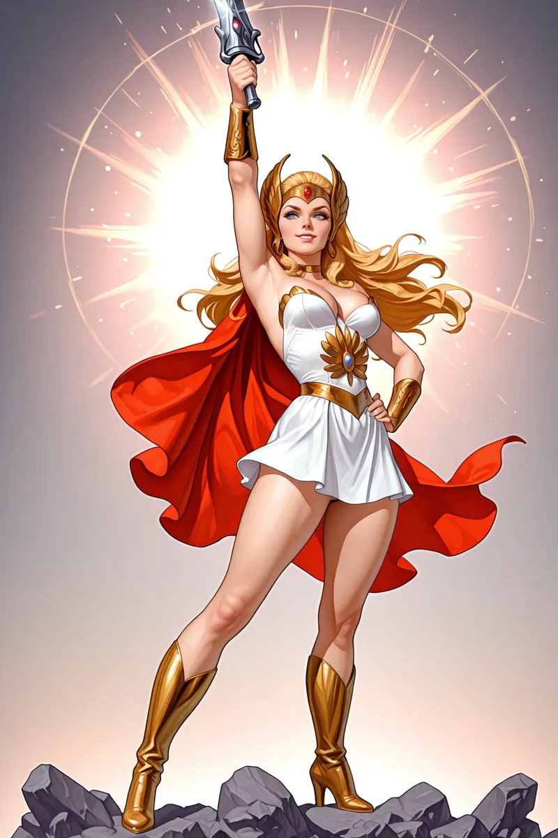 Ilustração de SheRa em pé sobre pedras em uma pose heroica de poder, segurando uma espada elevada com fundo de luz radiante, vestindo um vestido branco e dourado, capa vermelha e botas douradas