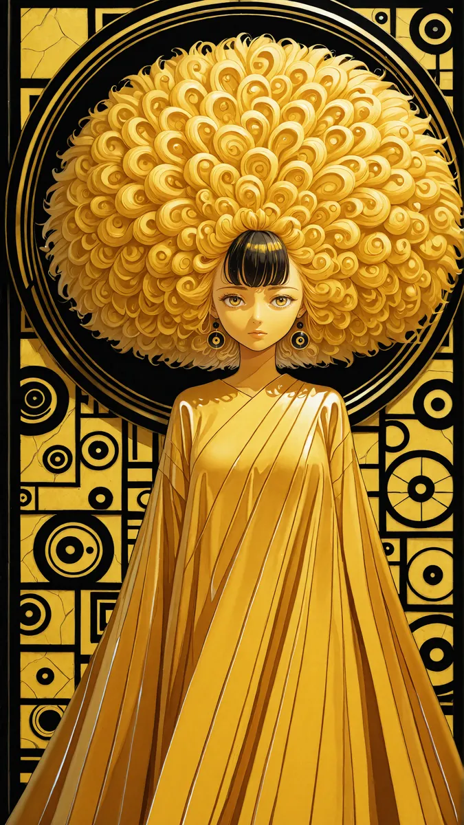 Um retrato surreal de uma mulher com cabelo grande e encaracolado em forma de plumas amarelas, vestindo uma túnica amarela elegante, contra um fundo cubista abstrato detalhado.
