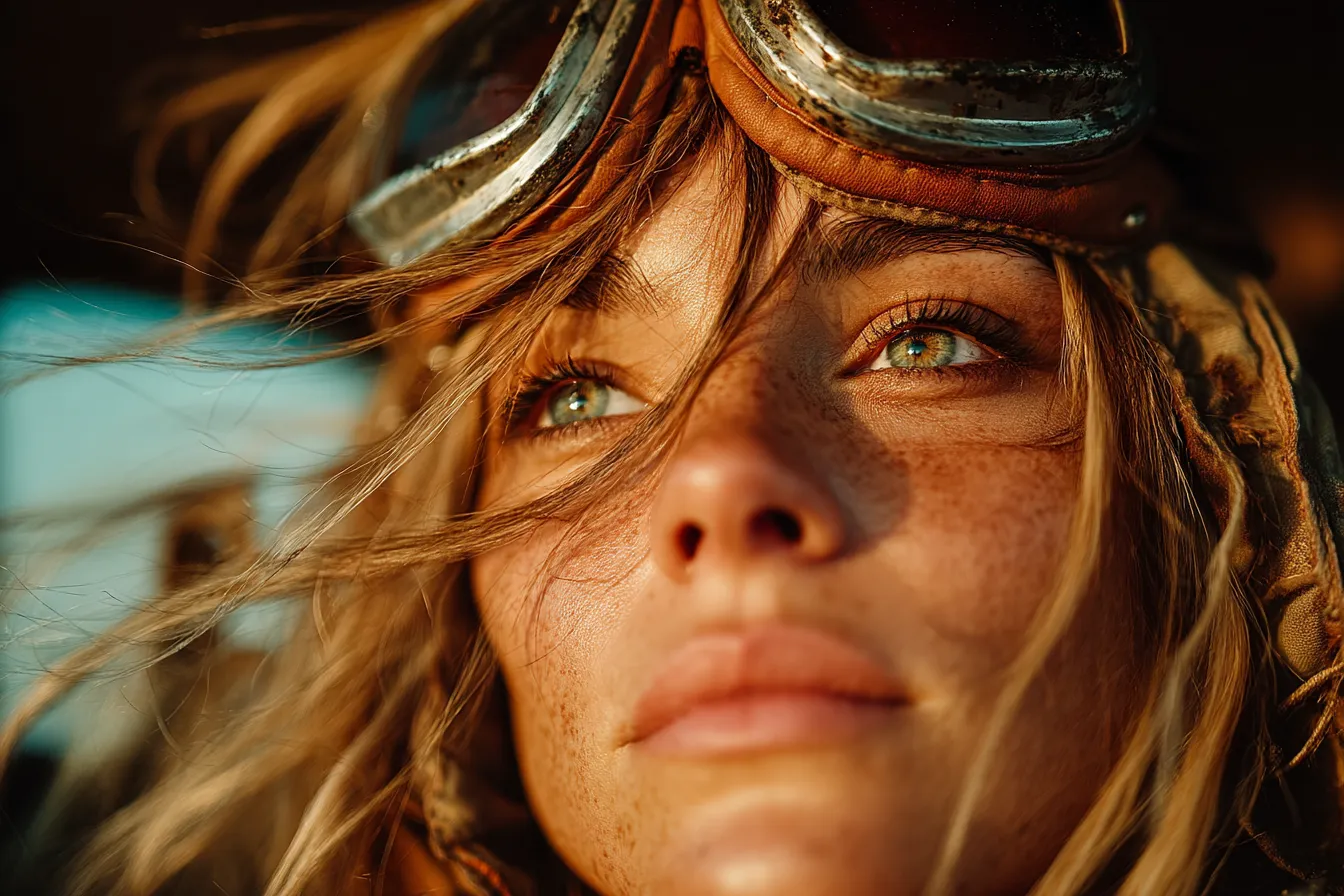 Close-up of a young woman with green eyes, freckled face, and windblown hair wearing vintage aviator goggles.