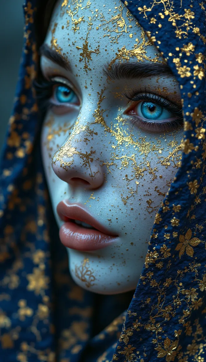 Close-up of a hyperrealistic female face with porcelain-like skin adorned with intricate golden patterns, bright blue eyes, and wrapped in dark blue fabric with gold floral details.