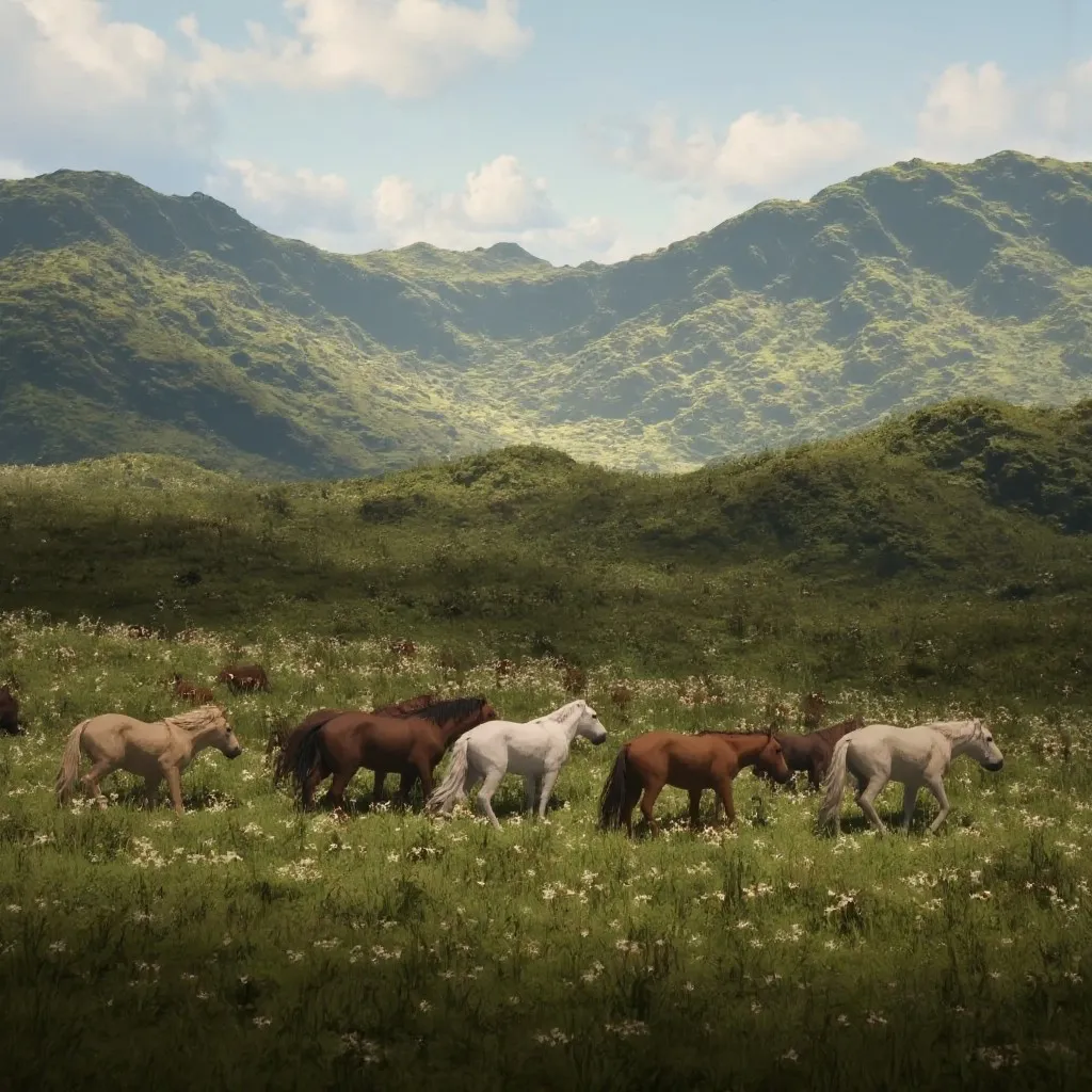A group of wild horses walking in a green grassy field filled with small white flowers, set against rolling mountainous plains under a partly cloudy blue sky, illustrating a post-human earth reclaimed by nature.