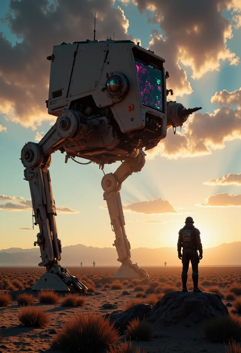 A large AT-ST walker stands on a desert plain at sunset, towering over a small human figure with a sky full of clouds illuminated by warm light.