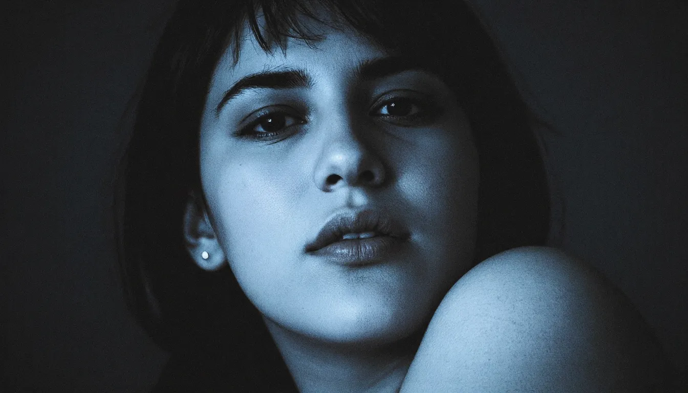 Dramatic low-angle close-up portrait of a young woman with emotional expression in dark, moody lighting featuring conceptual and surreal visual style.