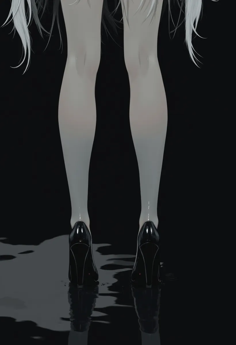 Close-up of muscular female legs wearing white transparent stockings and black high heels standing on a dark mirrored floor with reflections, in a dark fantasy style.